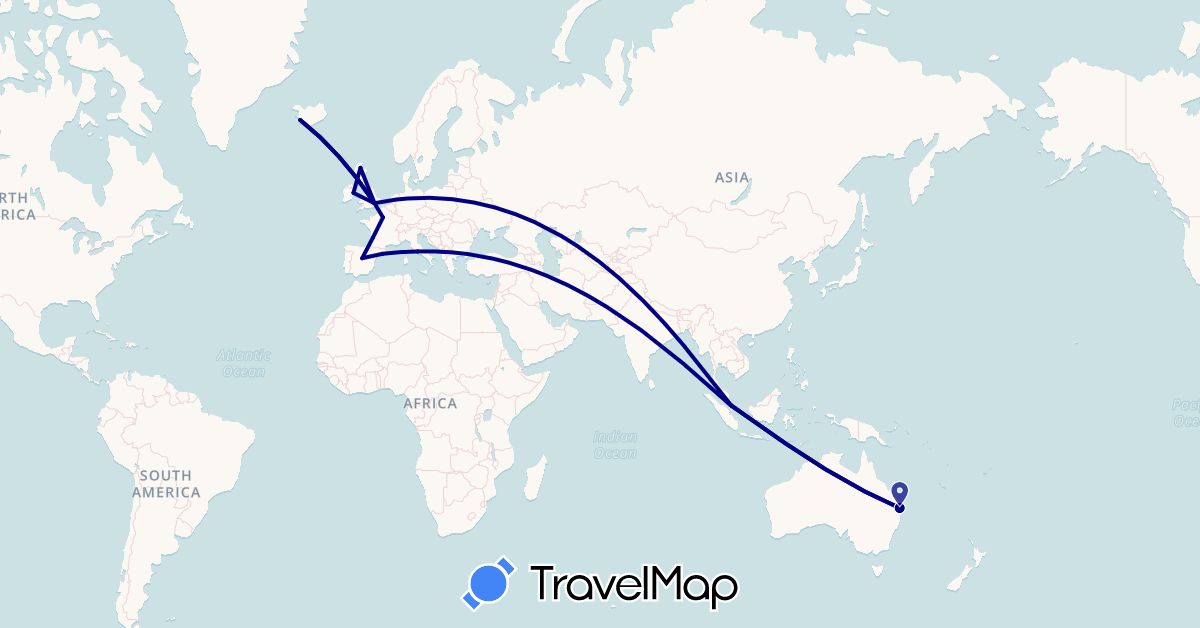 TravelMap itinerary: driving in Australia, Spain, France, United Kingdom, Ireland, Iceland, Italy, Singapore (Asia, Europe, Oceania)